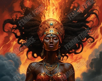 May include: Digital art of a woman with dark skin, adorned with a golden headdress and jewelry, set against a fiery background. Her long, dark hair flows upwards, merging with the flames. The image has the text "FEMME FORCE" repeated across it.