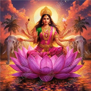 May include: Digital art of a Hindu goddess seated on a lotus flower, surrounded by elephants and a sunset backdrop. The goddess wears a pink sari, gold jewelry, and a crown. The image has a vibrant, spiritual theme.