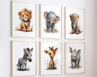 Cute Safari Animals Set of 6 Nursery Art Prints For Children Watercolor Baby Animals Posters For Kids Room Printable Gift Instant Download