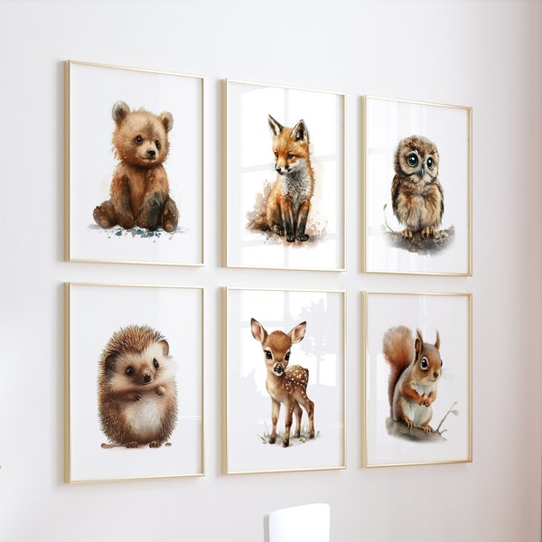 Cute Woodland Animals Set of 6 Nursery Art Prints For Children Watercolor Baby Animals Posters For Kids Room Printable Gift Instant Download