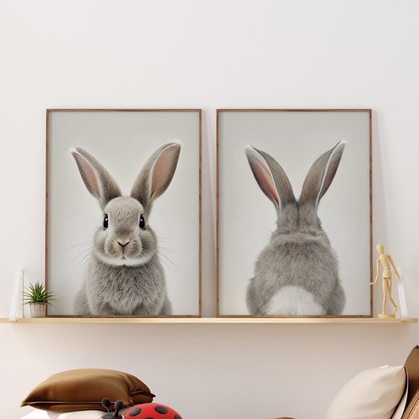 Bunny Set of 2 Prints For Girls Nursery Room Wall Art For Children Gray Beige Cute Rabbit Poster Kids Room Animal PRINTABLE Instant Download