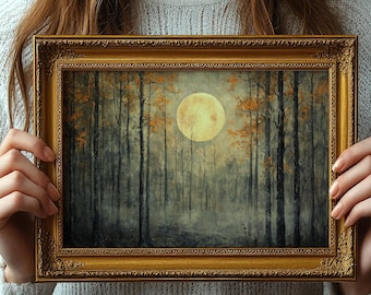 Halloween Autumn Forest Wall Art Vintage Cottagecore Fall Art Print Haunted Forest Wall Decor Oil Painting Style PRINTABLE Digital Download
