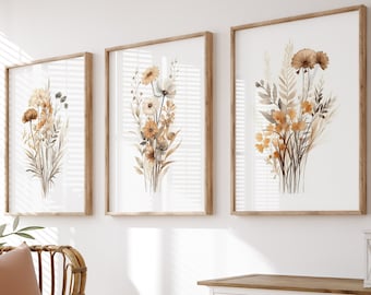 Wildflowers Wall Art Set of 3 Flower Prints Watercolor Botanical Wall Decor Gift For Housewarming Floral Printable Posters Instant Download