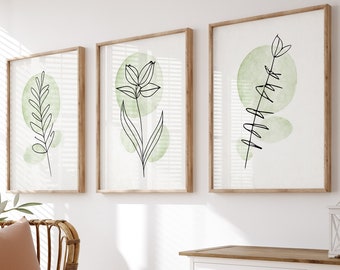 Minimalist Botanical Prints Set of 3 Floral Wall Art Green Boho Decor One Line Flowers Housewarming Gift Printable Posters Instant Download