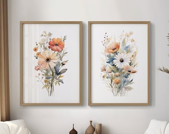 Watercolor Wildflowers Set of 2 Neutral Prints | Botanical Wall Art | Minimalist Boho Floral Posters | PRINTABLE Wall Decor Instant Download