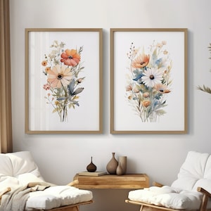 Watercolor Wildflowers Set of 2 Neutral Prints | Botanical Wall Art | Minimalist Boho Floral Posters | PRINTABLE Wall Decor Instant Download