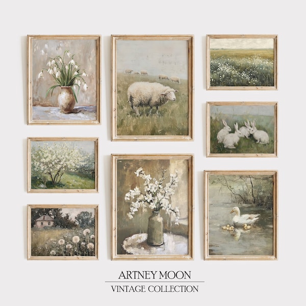 Vintage Spring Gallery Set of 8 Art Prints Rustic Easter Farmhouse Oil Painting Style Wall Decor Easter Wall Art PRINTABLE Digital Download