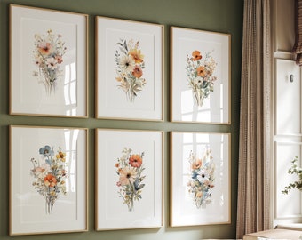 Watercolor Wildflowers Set of 6 Neutral Prints | Botanical Wall Art | Minimalist Boho Floral Posters | PRINTABLE Wall Decor Instant Download