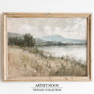 Sztuka krajobrazu vintage wydruk neutralny rustykalny francuski wiejski jezioro ściana sztuka wiejski dom wyciszony tonalny obraz olejny styl DO DRUKU cyfrowe pobieranie