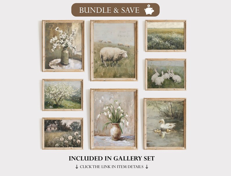 May include: A set of eight framed prints featuring nature scenes, including a vase of white flowers, a sheep in a field, a group of rabbits, a blooming tree, a vase of white flowers, a duck and ducklings swimming in a pond, a field of dandelions, and a field of white flowers. The prints are all in a rustic style with wooden frames.