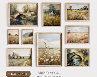 May include: A set of 8 vintage-style framed landscape paintings featuring scenes of bridges, fields, and houses. The paintings are in a rustic style with muted colours and a soft, romantic feel. The frames are a light wood colour and have a simple design.