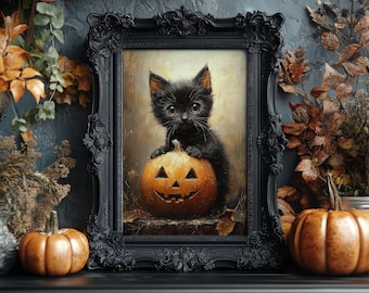 Barnrum Halloween väggkonst Vintage svart katt med pumpa tryck Halloween väggdekor för barn oljemålning stil UTSKRIVBAR digital nedladdning