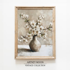 Vintage Flowers Neutral Beige Wall Art Rustic Botanical Still Life Farmhouse Oil Painting Style Print Instant PRINTABLE Digital Download