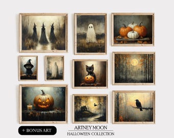 Halloween Gallery Set of 10 Art Prints Spooky Autumn Vintage Wall Art Cottagecore Wall Decor Oil Painting Style PRINTABLE Digital Download
