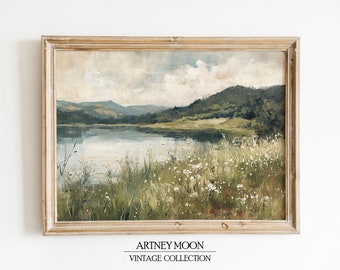 Vintage französisches Land See Wand Kunst Frühling Wiese Wand Dekor rustikale Bauernhaus Ölgemälde Stil Druck sofort DRUCKBAR digitaler Download
