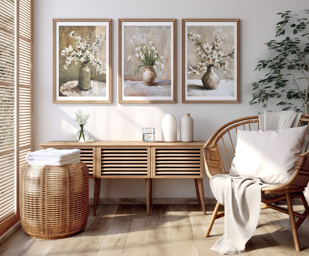 Vintage Flowers Set of 3 Neutral Beige Rustic Botanical Wall Art Still ...