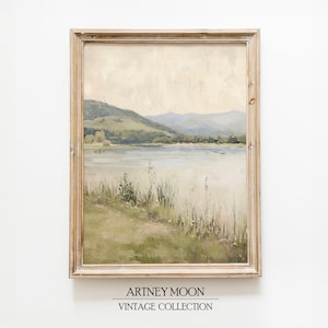 Vintage fransk lantlig neutral konsttryck rustik sjölandskap väggkonst dämpad tonal oljemålning väggdekor utskrivbar digital nedladdning