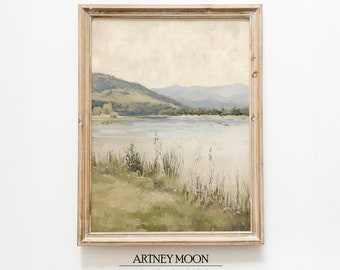 Vintage French Country Neutral Art Print Rustic Lake Landscape Wall Art Muted Tonal Oil Painting Style Wall Decor PRINTABLE Digital Download