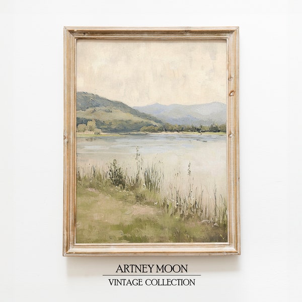Vintage French Country Neutral Art Print Rustic Lake Landscape Wall Art Muted Tonal Oil Painting Style Wall Decor PRINTABLE Digital Download