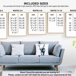 May include: A white wall with five framed posters showing different aspect ratios and sizes for digital art prints. The posters are labeled with the ratios 2:3, 3:4, 4:5, 11:14, and 5:7. The posters list the dimensions in inches and centimeters. The text on the posters reads "INCLUDED SIZES" and "Your purchase will include 5 high-resolution JPEG files (300 dpi) for each aspect ratio listed below."
