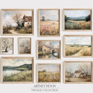 May include: A collection of 10 framed vintage landscape paintings in muted tones of green, brown, and beige. The paintings depict scenes of rural landscapes, including fields, trees, houses, and bridges. The frames are all made of wood and have a light brown finish.