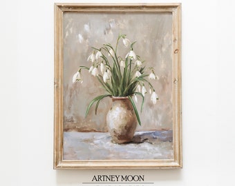 Vintage Spring Flowers Art Print Rustic Snowdrops Easter Wall Art Neutral Still Life Farmhouse Oil Painting Style PRINTABLE Digital Download