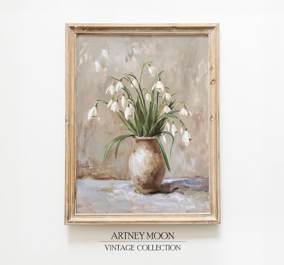 Vintage Spring Flowers Art Print Rustic Snowdrops Easter Wall Art Neutral Still Life Farmhouse Oil Painting Style PRINTABLE Digital Download