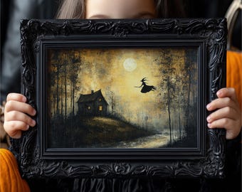Halloween Flying Witch Wall Art Vintage Autumn Art Print Rustic Farmhouse Spooky Wall Decor Oil Painting Style PRINTABLE Digital Download