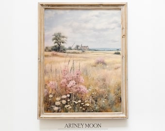 Puede incluir: Una pintura enmarcada de un paisaje rural con una pequeña casa en la distancia. La pintura presenta un campo de hierba alta con flores silvestres rosas y un cielo azul con nubes blancas.