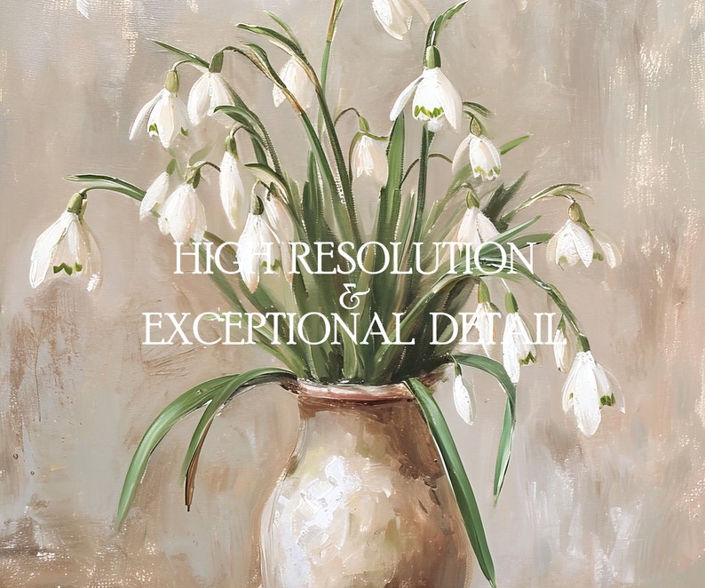 May include: A bouquet of white snowdrop flowers with green stems in a brown ceramic vase against a beige background.
