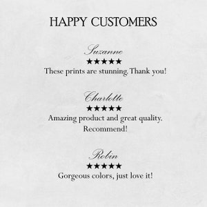 May include: Happy Customers text with three customer reviews. Each review includes a customer name, five stars, and a short review. The reviews are: Suzanne - These prints are stunning. Thank you! Charlotte - Amazing product and great quality. Recommend! Robin - Gorgeous colors, just love it!