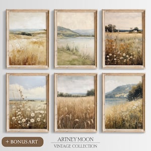 Può includere: Set di sei dipinti di paesaggi incorniciati che rappresentano diverse scene rurali, tra cui campi di grano, fiori selvatici e un lago. I dipinti sono in stile vintage con colori tenui e un'atmosfera morbida e romantica. Le cornici sono in legno chiaro.