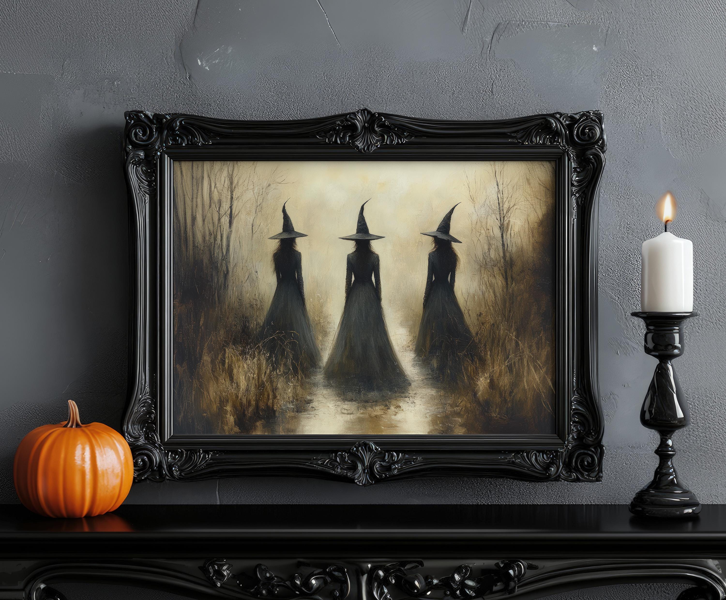 Halloween Witchy Wall Art Vintage Autumn Art Print Rustic Cottagecore Three Witches Wall Decor Oil Painting Style PRINTABLE Digital Download