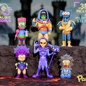 Può includere: Una collezione di sei statuette di personaggi stilizzati con colori vivaci e costumi dettagliati. Il set include figure con accessori unici, come una bomboletta spray, un pettorale con etichetta di birra, un tridente e uno scettro. Il testo include Nostalgic 3D Models, .3MF Included, Pre-Supported STL Files e Part 2.