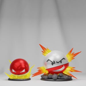 May include: Two cartoon figures, one red and one white, with angry expressions and stylized yellow and orange bursts. The red figure is a sphere with a white face. The white figure has a red stripe and a smiling mouth.