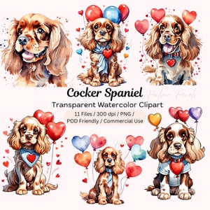 Watercolor Cocker Spaniel Clipart - Cocker Spaniel, Dog Clipart, Dog PNG, Valentines Clipart, Mixed Media, Digital Download, Commercial Use