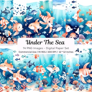 Underwater Digital Paper, Under the Sea Background, Ocean Landscape, Nature Backdrop, Cartoon Animals, Scrapbook Papers, Underwater Clipart