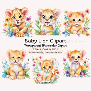 Clipart Baby Lion, animaletto giocoso dell'acquerello, arredamento della scuola materna, piccolo cucciolo di leone, animale da safari, clipart per feste di compleanno, baby shower