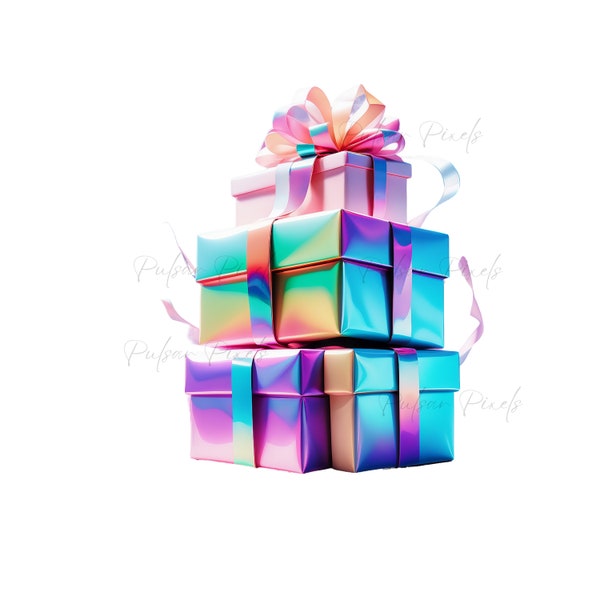 Shiny Gift Boxes Clipart - 12 Colorful Iridescent Present Box Graphics for DIY Projects, Transparent PNG for Commercial Use