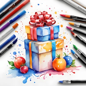 Wrapped Gifts Clipart - 13 High-Quality PNGs, Birthday Present, Gift Boxes Clipart, Xmas Gift Boxes, Watercolor Gift Box, Commercial Use