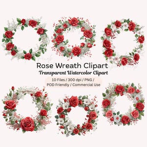 Corona de flores de rosa roja, imágenes prediseñadas de corona floral, flores de acuarela, imágenes prediseñadas de boda, imágenes prediseñadas florales silvestres, imágenes prediseñadas de rosas, imágenes prediseñadas de corona