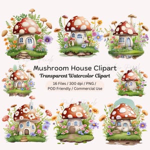 Clipart maison champignon, maison champignon aquarelle, champignon PNG, maison champignon magique, fée champignon vénéneux, téléchargement immédiat