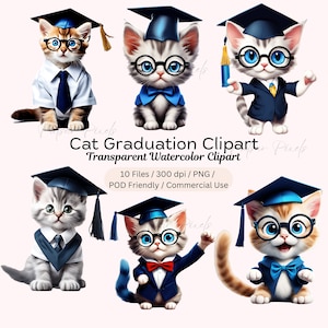 Clipart chat de remise des diplômes, célébration académique, sublimation aquarelle, chat mignon, cadeau pour enfant, remise des diplômes, animal, bébé animal PNG