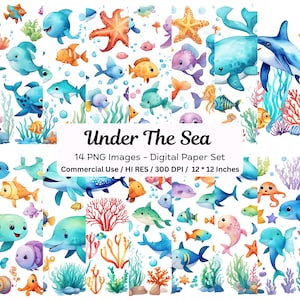 Underwater Digital Paper, Under the Sea Background, Ocean Landscape, Nature Backdrop, Cartoon Animals, Scrapbook Papers, Underwater Clipart