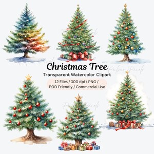 Vintage Christmas Trees Clipart - Winter Holiday Clipart, Fantasy Forest, Decorated Christmas Tree, Digital Papercraft, Holiday Clipart