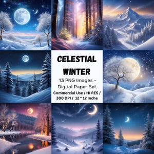 Celestial Winter Digital Paper, Celestial Journal Page, Winter Night Aurora Sky, Fantasy Snowy Landscape, Magical Fairy Tale Background