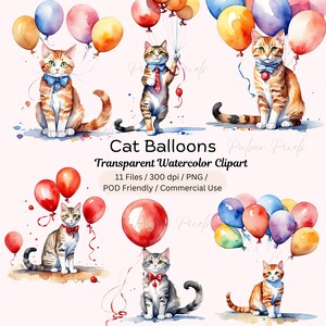 Aquarel kat ballonnen clipart, luchtballonnen, verjaardag clipart, babyshower, decor kinderkamer, kinderen illustraties, bloem, ballon, kat clipart