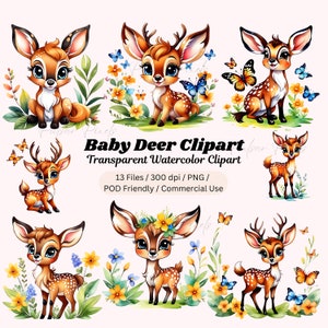 Baby Reh Clipart, Waldtier, Schmetterling Clipart, Rentier Clipart, Aquarell Reh, Kinderzimmer Dekor, Wandkunst, sofortiger Download