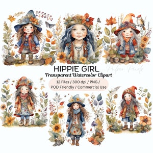 Clipart de garota hippie em aquarela, Boho Chic, Clipart de garota retrô, Garota vintage, Clipart Boho, PNG, Junk Journal, Download instantâneo