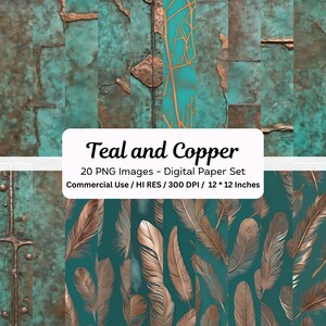 Distressed Copper and Teal, Patina Pattern, Copper and TealDigital Paper, Antique Copper Textures, Grunge Copper Patina Teal, Metallic Paper